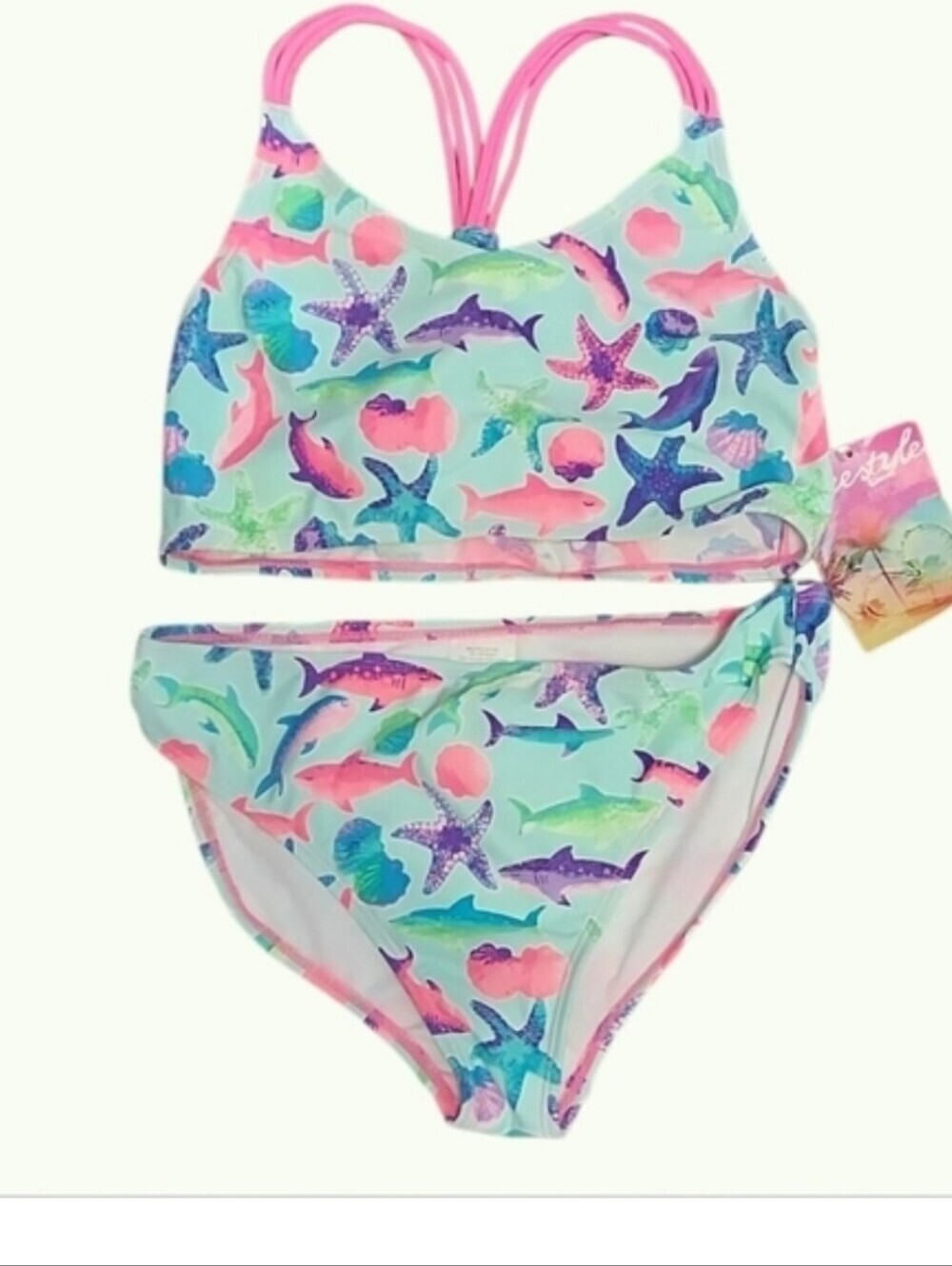 NWT Freestyle Kids Bikini with Sea Life Print - Pink and Sea Green size 14 - Picture 3 of 4